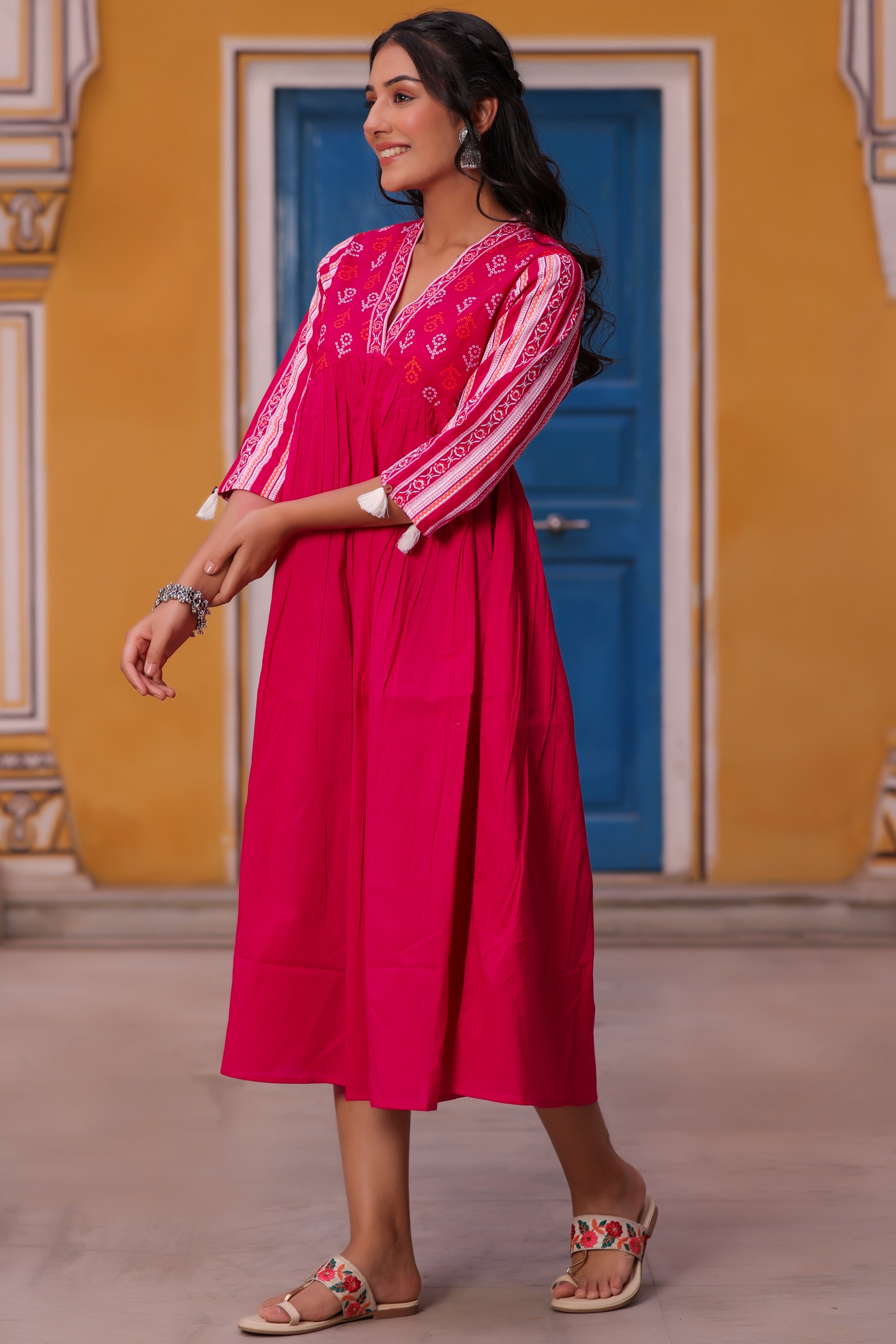 Pink Cotton Floral Printed Flared Dress